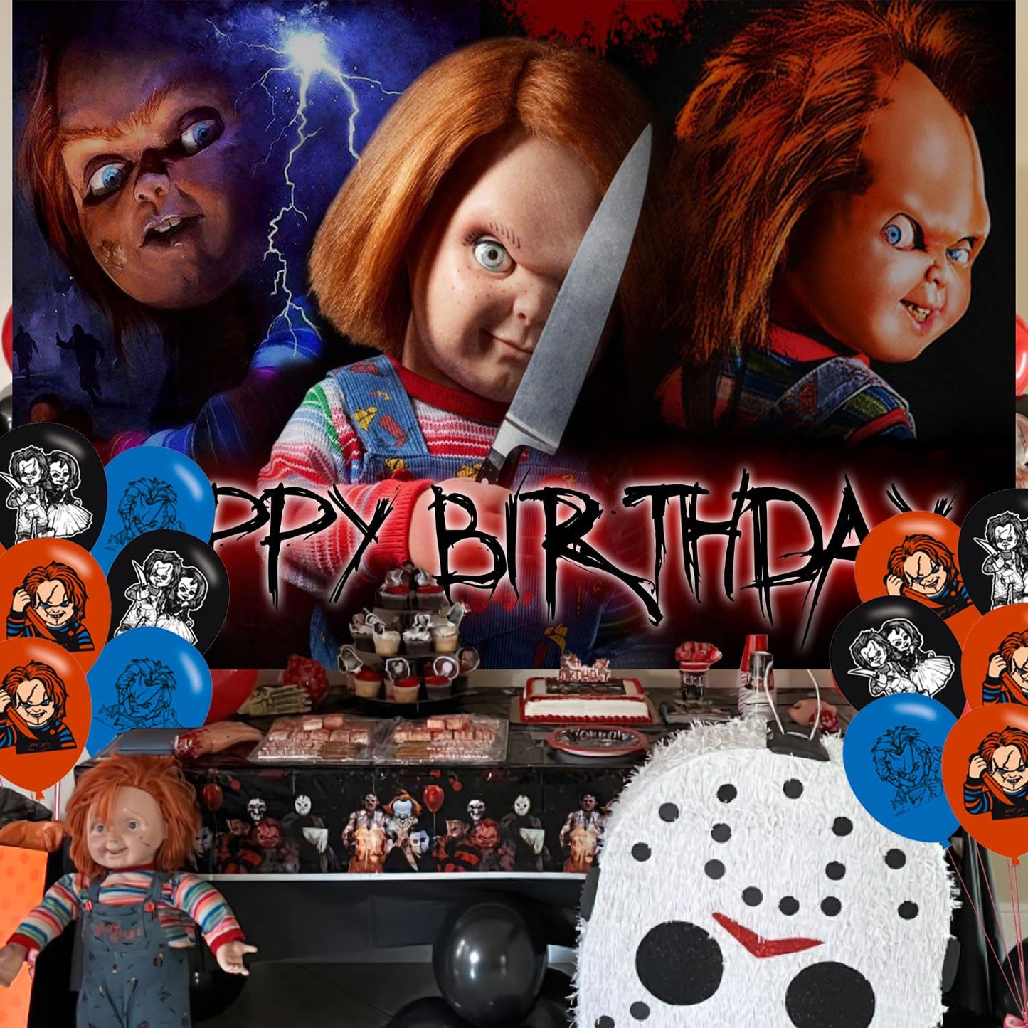 Horror Movie Birthday Party Decoration,Chucky Party Photo Background 5 x 3 FT and 18 Pcs Balloon,Horror Movie Merch Party Backdrop Supplies