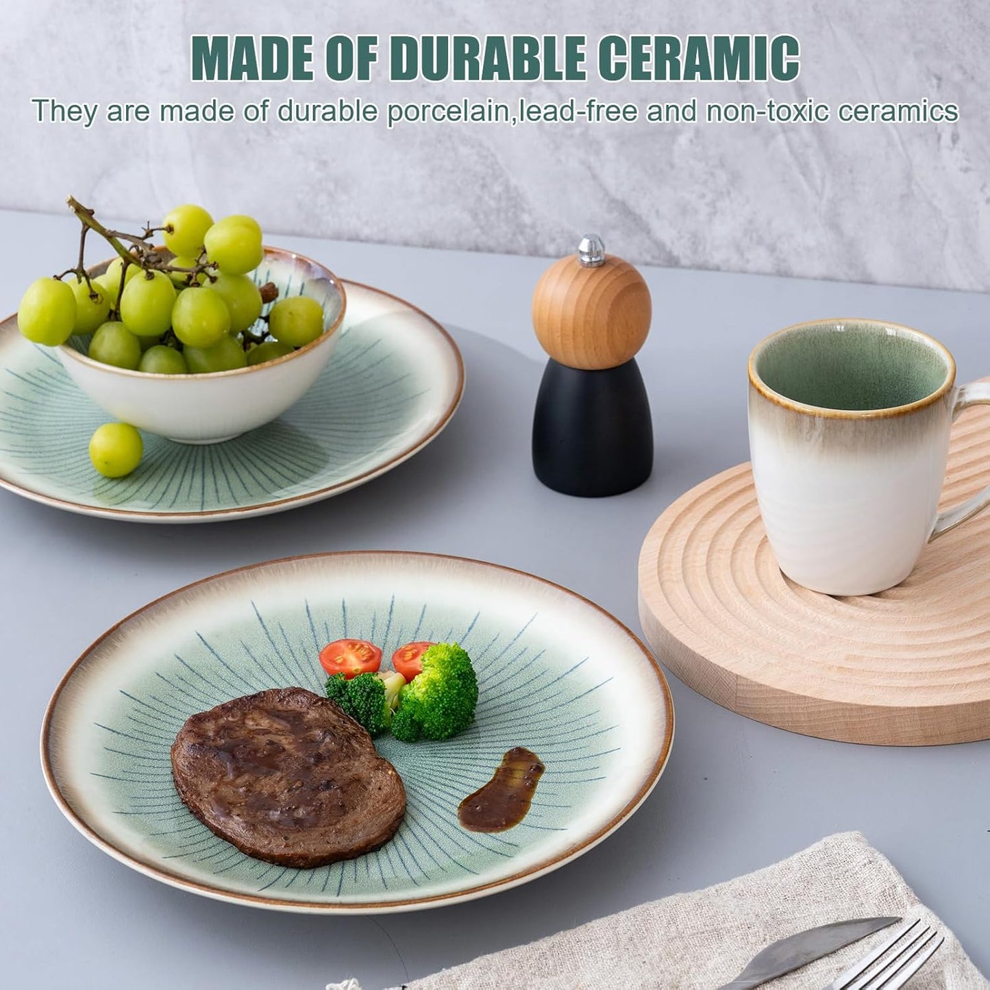Dinnerware Set Green Stoneware 16 Pieces Service for 4, Stoneware Plates and Bowls Set Highly Chip Dishwasher Microwave Safe Dishes set