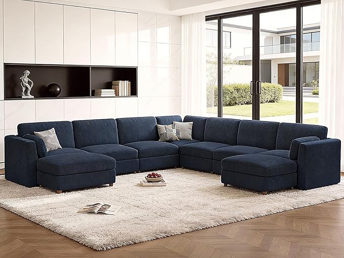 CUGOAO 159'' Modular Sectional Sofa,9-Seater Oversized U-Shaped Sectional Couch with Ottoman, Deep Seat Chenille Cloud Couch, Mordern Upholstered Couches for Living Room, Apartment, Office, Blue