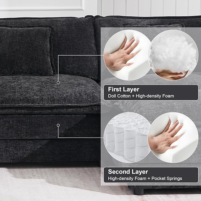 KIVENJAJA Chenille L-Shaped Modular Sectional Sofa, Modern Loveseat Comfy Deep Seat Cloud Couch with Ottoman/Chaise & 4 Pillows for Living Room Office Apartment, 76.7" W, Black