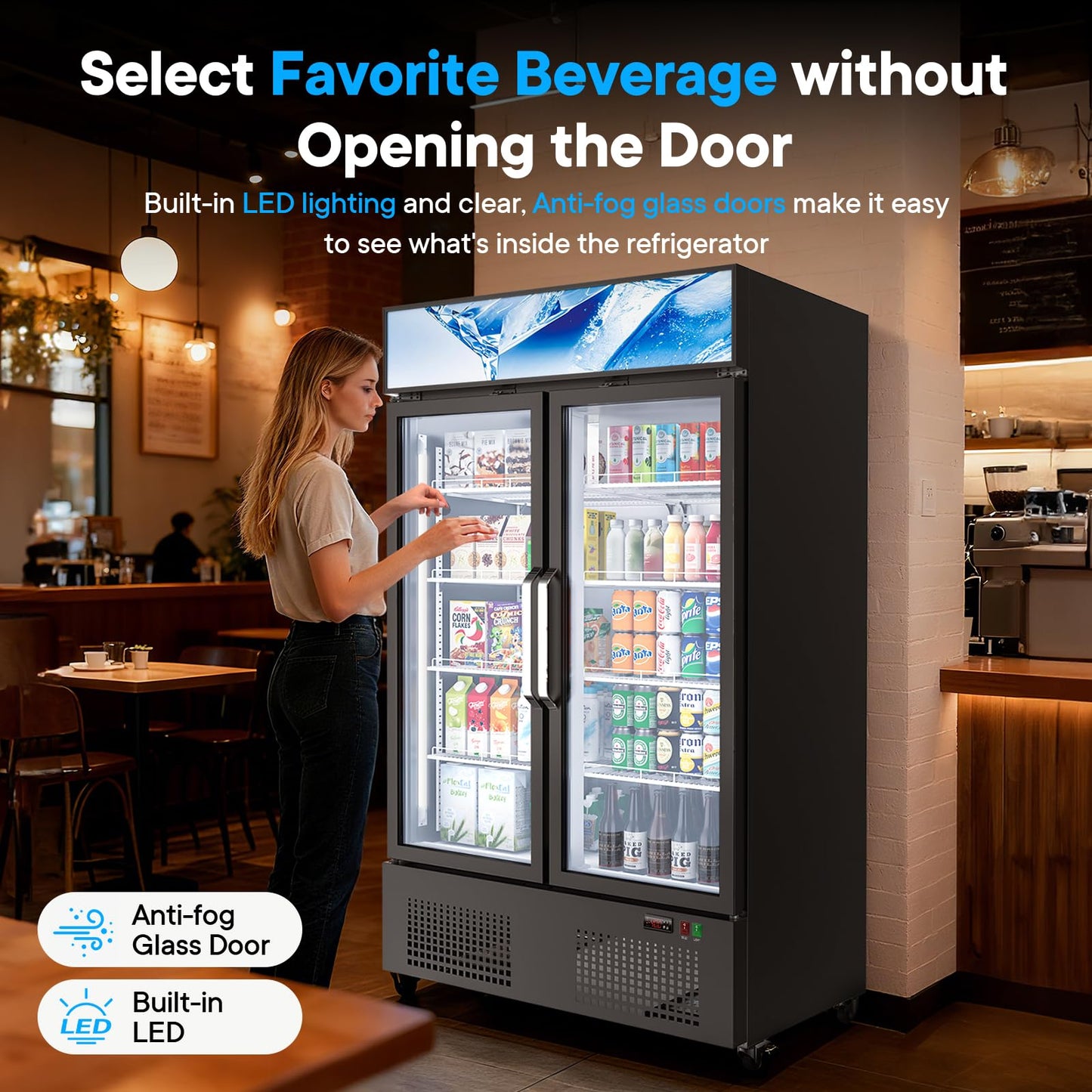 35 Cuft ETL & DOE Certified Commercial Merchandiser Refrigerators 2 Doors,Upright Business Display Retail Fridge Cooler with Adjustable Shelves,Built-in LED Light,Lightbox,Lockable Double Doors,Black