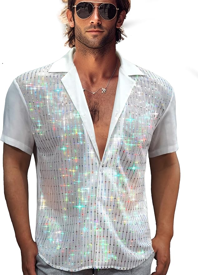 AIBEIX Mens Mesh Sequins See Through 70s Disco Long Sleeve Button Down Shirts