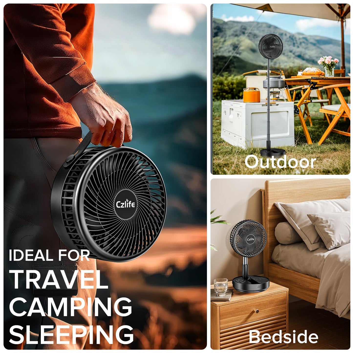 Czlife F9 Portable Fan, 10000Mah Rechargeable Battery Powered For Travel Sleeping Camping Bedroom Outdoor, Cordless Floor Desk F