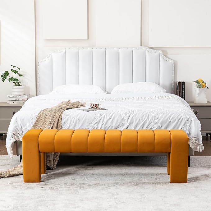 AIITTCC Velvet End of Bed Bench Upholstered Modern 59" Bedroom Bench for King Bed Bench Tufted Window Bench Comfy Long Ottoman for Living Room/Entry/Indoor (Brown, 59" Wide)