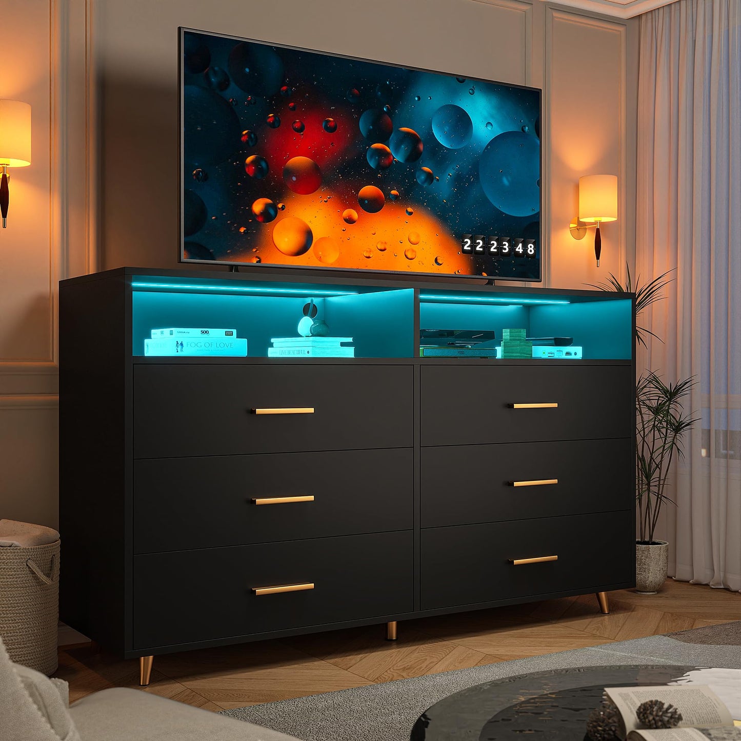 Black Dresser with LED Lights, Wood Dresser for Bedroom with 6 Wide Large Drawers,2 Open Shelves Top, Elegant Chest of Drawers for Clothes Storage Living Room Hallway Entryway, 47.2" W