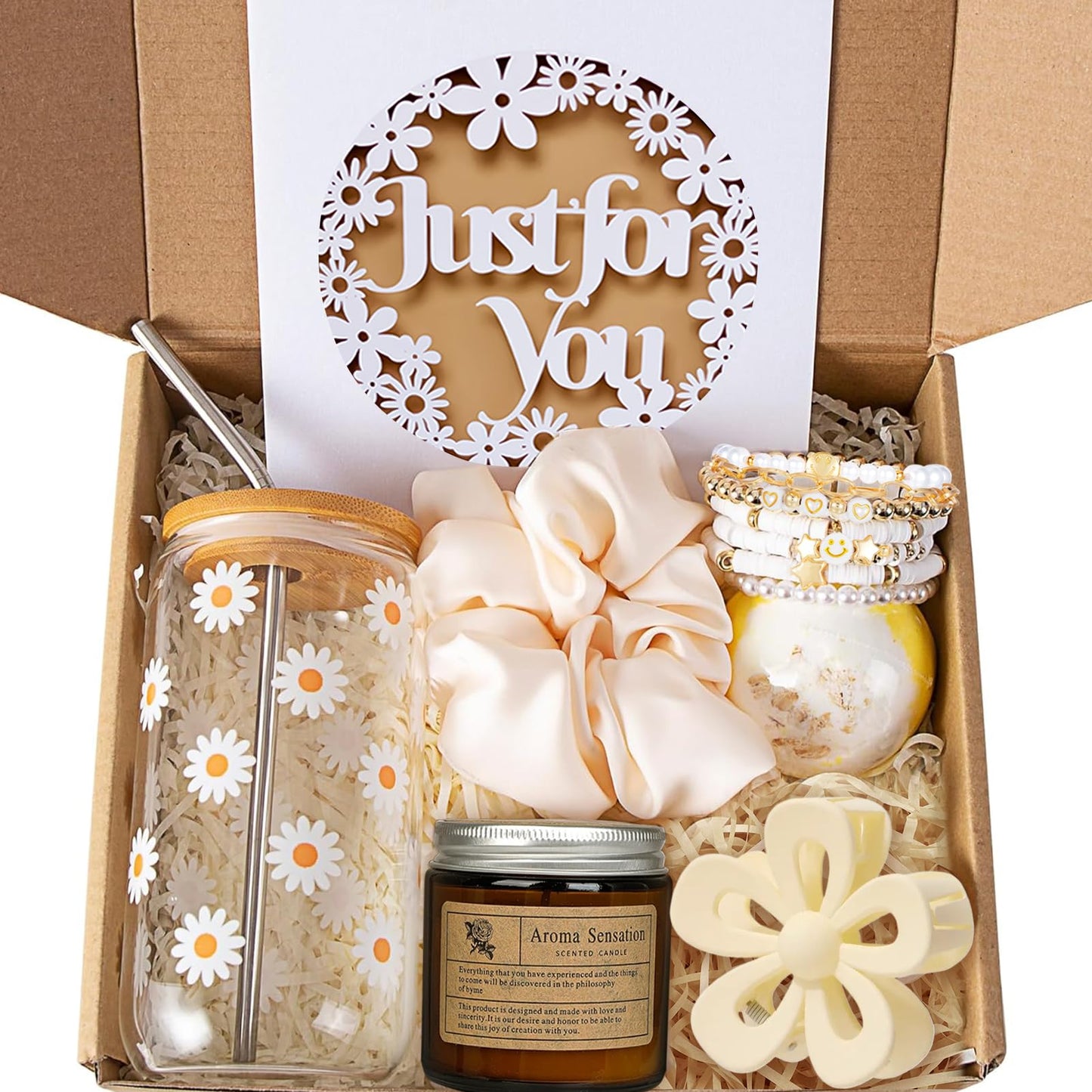 Daisy Birthday Gift Set for Women - 7-Piece Aesthetic Glass Cup & Self-Care Box for Her, Teen Girl, Sister, Daughter, Friend - Unique Happy Birthday Gifts for Women