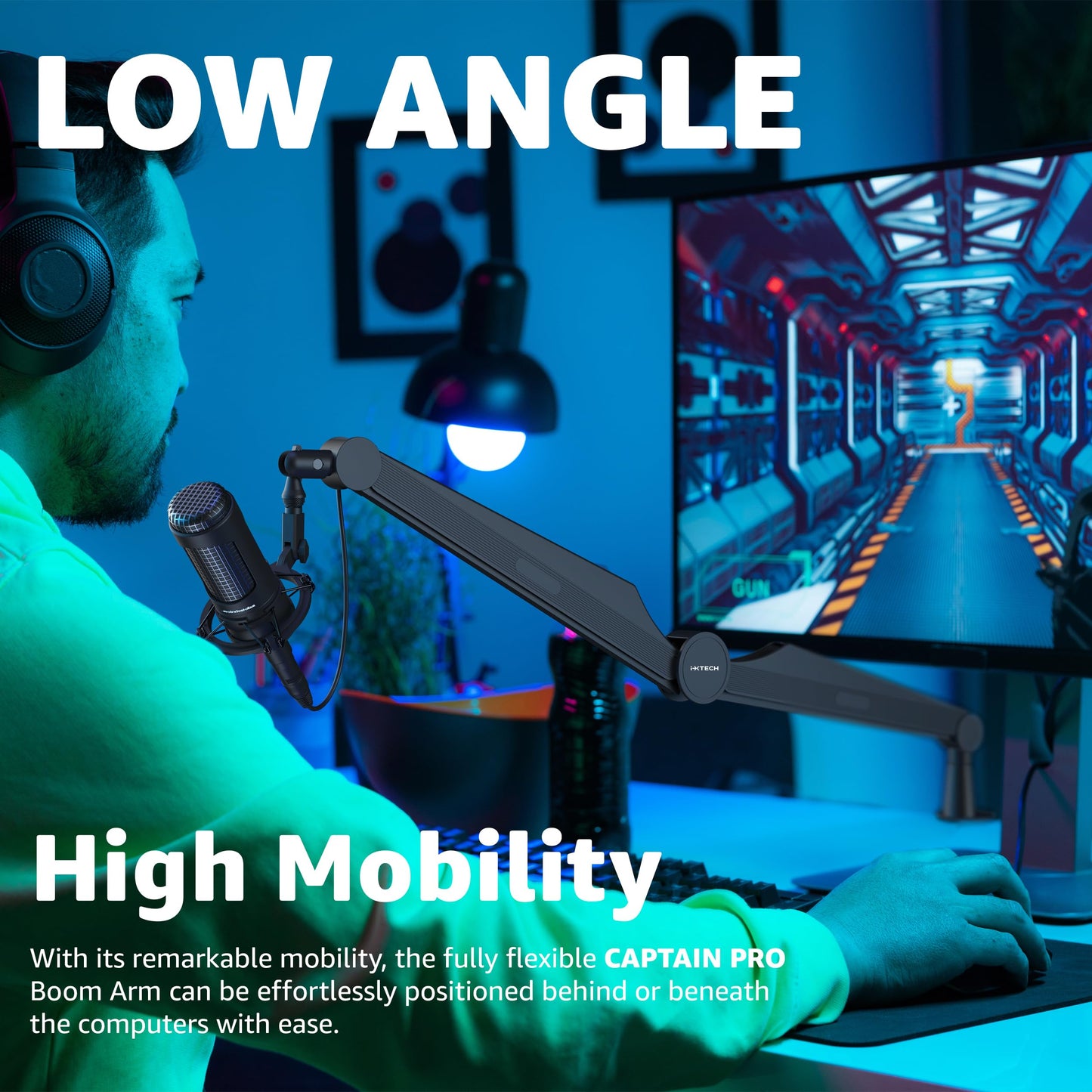 IXTECH Mic Boom Arm Microphone Arm for Blue Yeti Shure Sm7b Hyperx QuadCast Rode At2020 and Fifine Upgraded Mic Stand with Tablet and Headphone Holder for Gaming Podcasting and Streaming CAPTAIN PRO