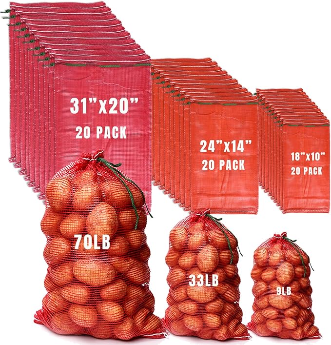 60 Pack 3 Sizes Mesh Onion Bags (18"x10", 24"x14", 31"x20"), Reusable Drawstring Fresh Produce Storage Bags for Onions, Vegetables, Potatoes, Citrus, Crawfish Firewood