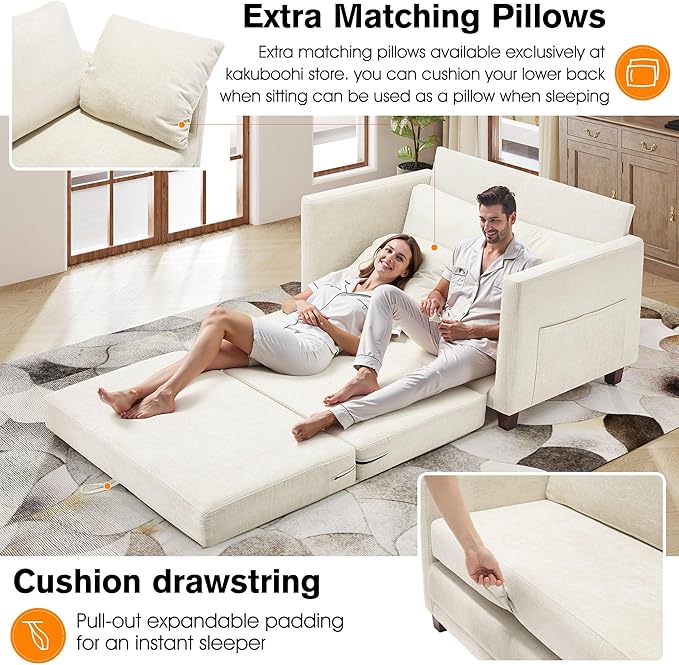 kakuboohi 51" Loveseat Sleeper Sofa Bed, Chenille Convertible Floor Sofa Bed for Small Spaces, Folding Couch Bed with Deep Seat, 2 Pillows & Solid Frame, Pull Out Floor Couch for Living Room, Beige