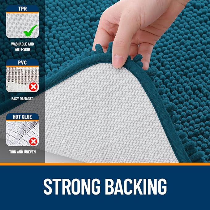 OLANLY Bathroom Rugs 44x24, Extra Soft Absorbent Chenille Bath Rugs, Rubber Backing Quick Dry, Machine Washable Bath Mats for Bathroom Floor, Tub and Shower, Home Decor Accessories, Peacock Blue