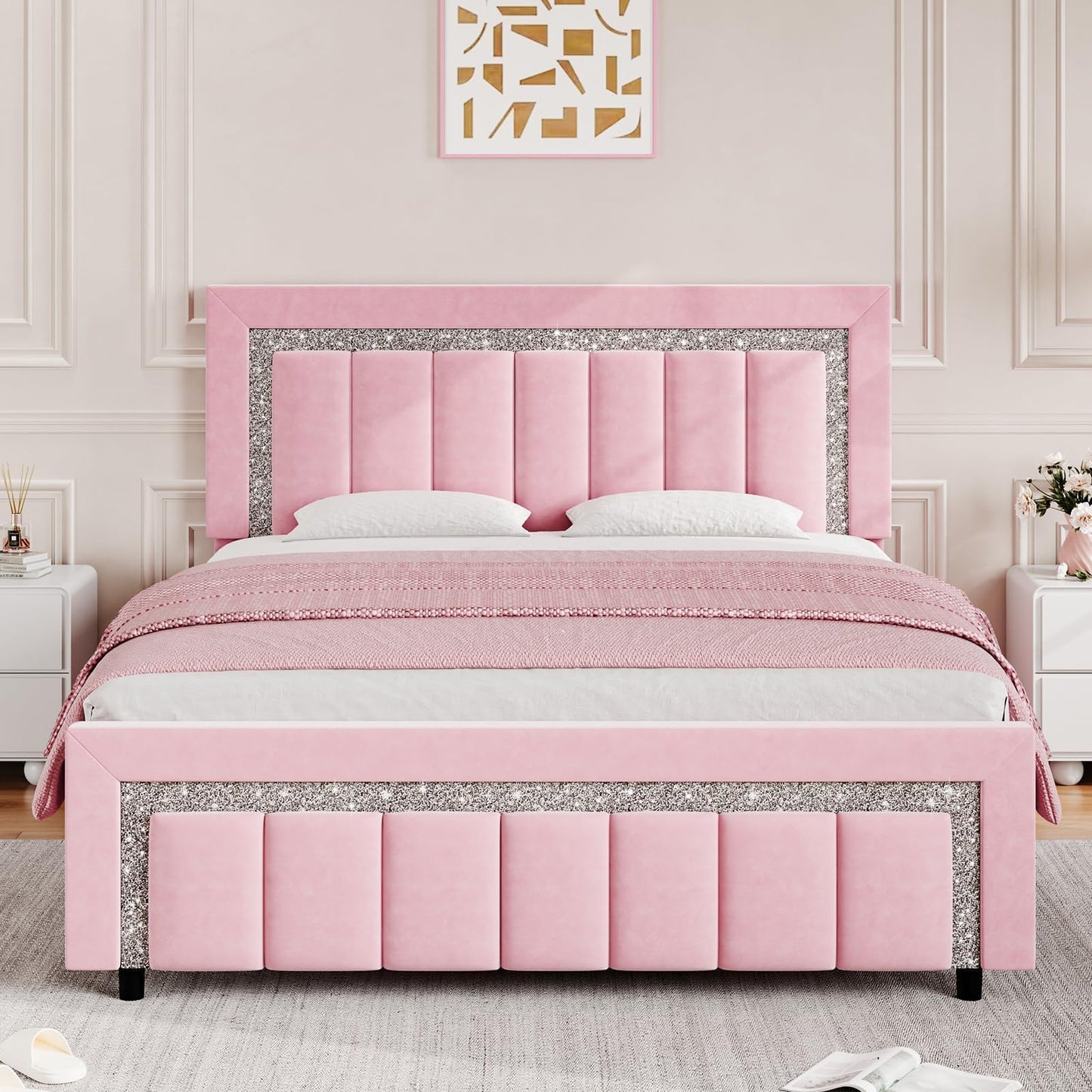 Queen Bed Frame with Headboard, Pink Velvet Upholstered Bed Frame with Diamond Footboard, Soft Bed Frames, Vertical Channel Tufted Design, No Box Spring Needed, Easy Assembly, Pink