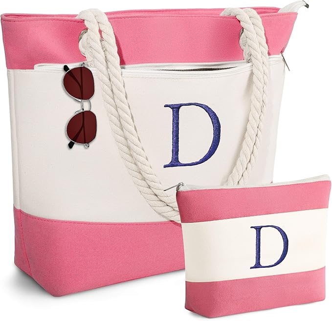 YOOLIFE Beach Bags for Women - Initial Canvas Tote Waterproof Bag with Makeup Bag Gifts for Women Mom Friend Birthday Her