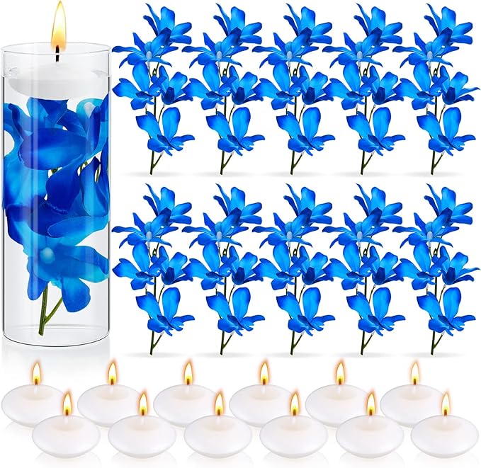 Juexica 28 Pieces Floating Flowers for Centerpieces Blue Orchid Flowers Vase Fillers Unscented Floating Candles for Weddin...