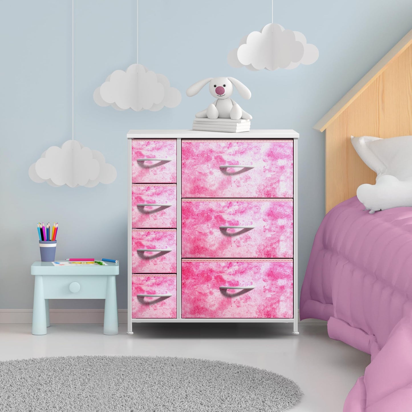 Sorbus Kids Dresser with 7 Drawers - Storage Chest Organizer Unit with Steel Frame, Wood Top & Handles, Tie-dye Fabric Bins for Clothes - Wide Furniture for Bedroom Hallway Kids Room Nursery & Closet