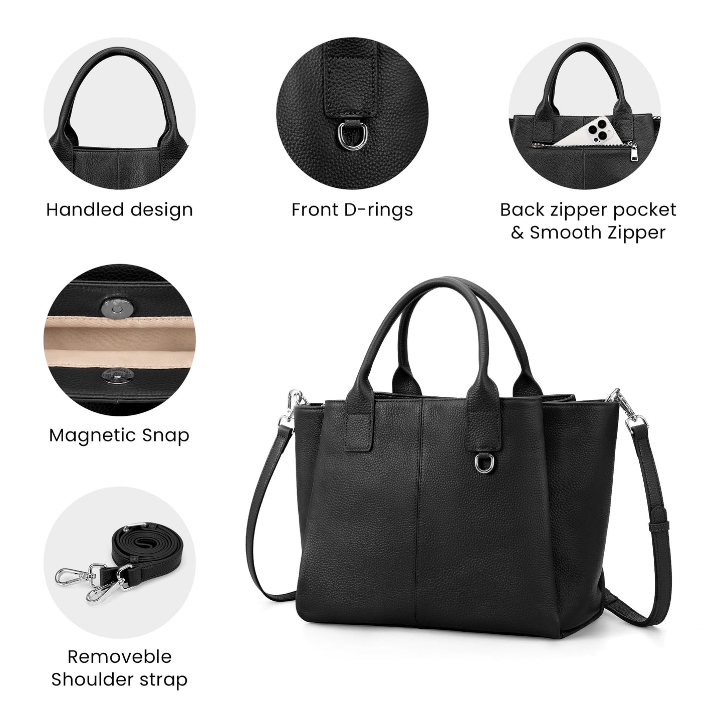 befen Black Leather Tote Bag for Women Medium, Womens Designer Satchel Handbags Crossbody Top Handle Purse with Shoulder Strap