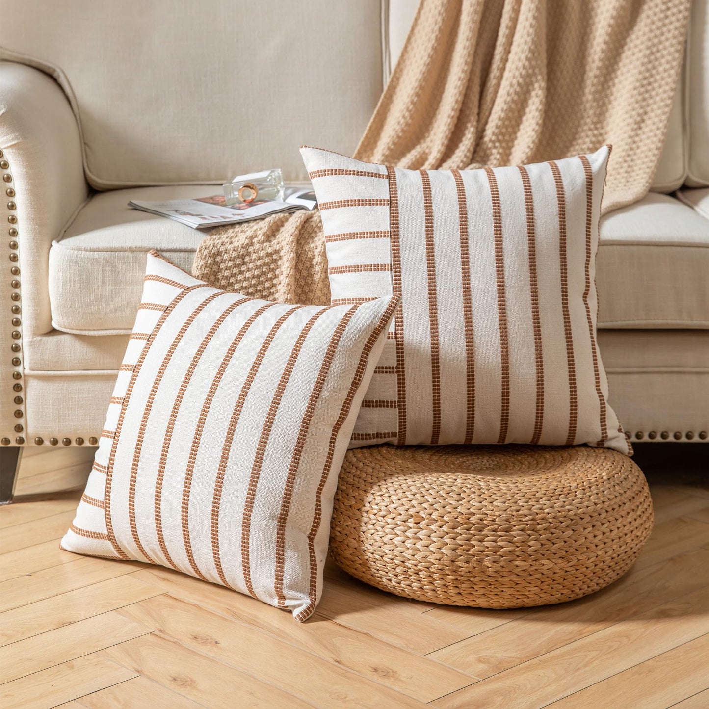 Boho Throw Pillow Covers 18x18 Set of 2 Soft Farmhouse Decorative Couch Pillow Cases Brown Striped Pillow Covers Neutral Cushion Covers for Sofa Bed Living Room Home Decor