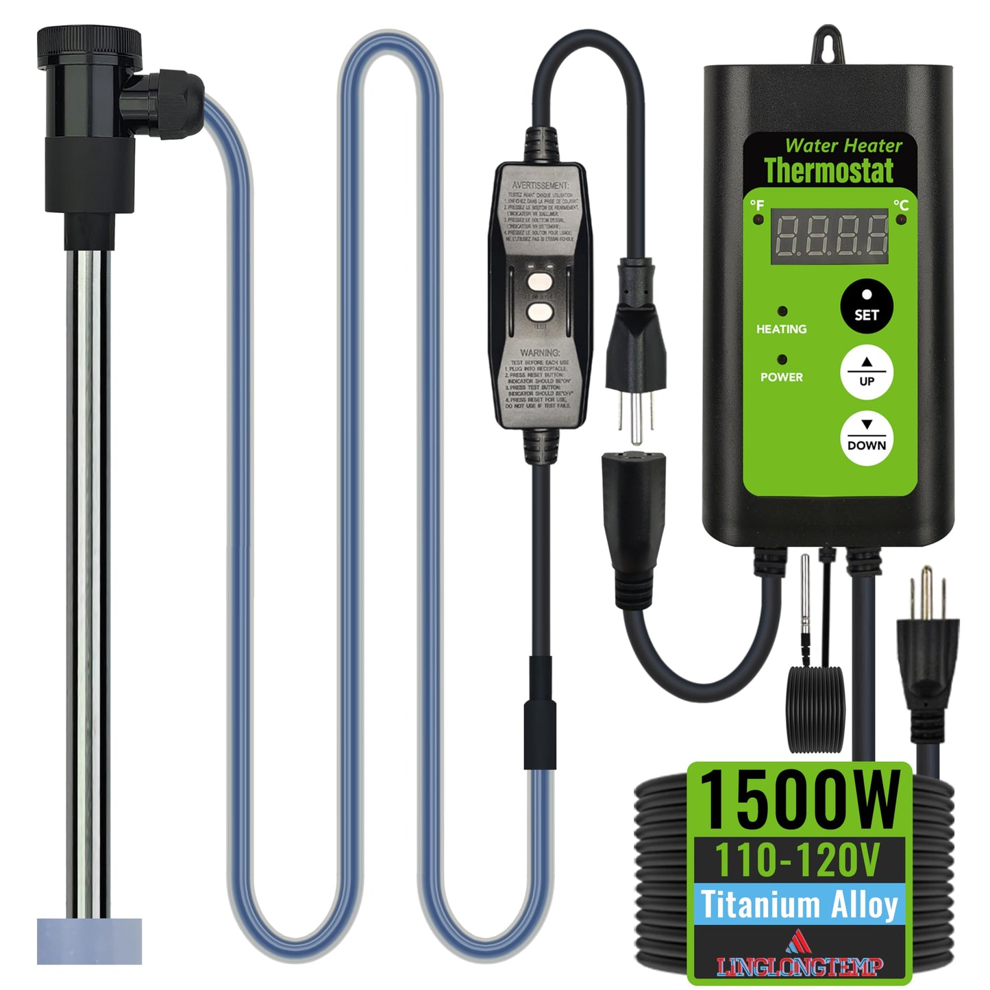 LINGLONGTEMP 1500W Titanium Submersible Portable Electric Hot Tub & Pool Immersion Water Heater with GFCI and Temp Control for Baptistry, Bathtub, Baptismal, Sap, Above Ground Pool and Inflatable Pool