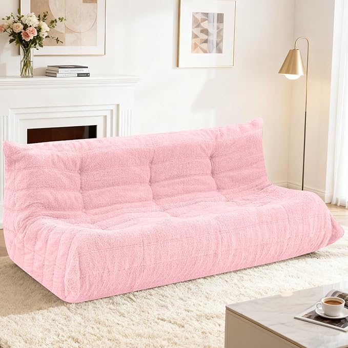 HABUTWAY Bean Bag Chairs Fireside Lazy Floor Sofa, Soft Teddy Fleece 3 Seater Sofa with High-Resilience Foam Filling，Beanbag for Living Room, Bedroom, Office (Pink Teddy)