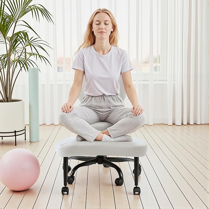 GUNJI Ergonomic Criss Cross Legged Office Chair, 360° Swivel Meditation Kneeling Chair with Wheels, ADHD Chair with Footrest, Lumbar Support, Wider Height Adjustable Seat (Faux Leather, White)