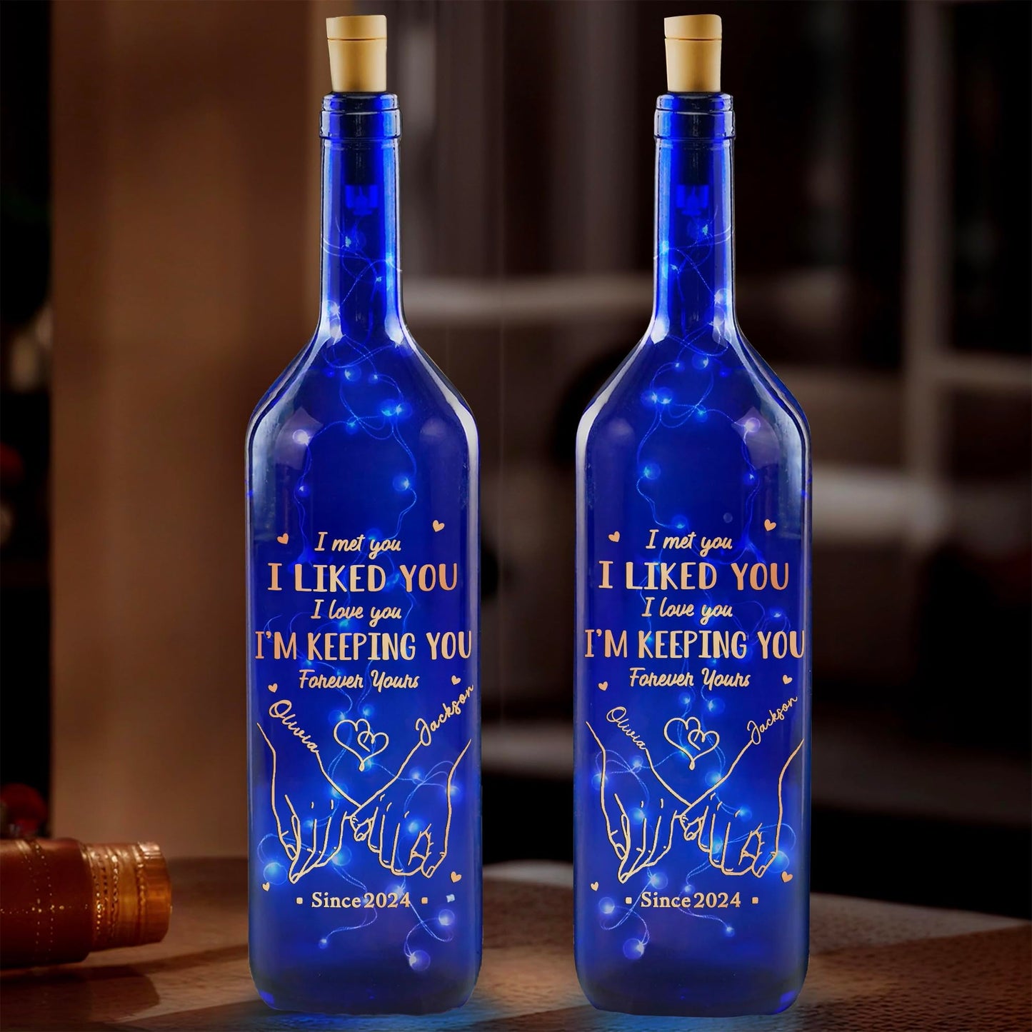 Joy Crafters I Met You I Liked You I Love You - Couple Personalized Blue Bottle Lamp, Custom Wine Bottle Lights, Anniversary Wedding Gifts for Couples 2025, Birthday Gifts for Women Wife Girlfriend