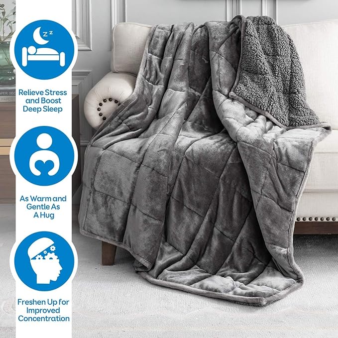 Cottonblue Weighted Blanket 17 lbs Queen Size, Flannel Shaggy Sherpa Weighted Blanket for Adults Comfortable Weighted Blankets for Calming and Relax, Bed Sofa Heavy Blankets, 60x80 inches, Grey