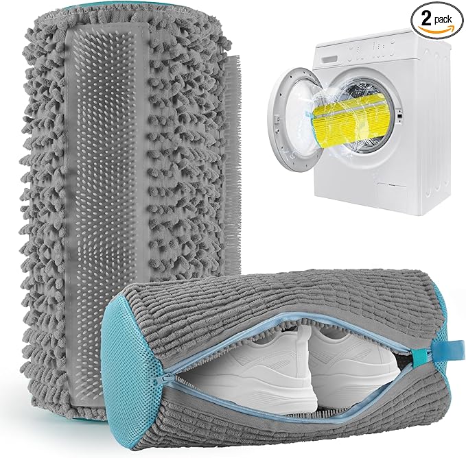 2Pcs Shoe Washing Machine Bag Laundry Shoe Bag for Washer and Dryer Deep Clean Reusable Shoe Cleaning Bags Includes 2 Storage Dust Bags for Shoes,Gym,Tennis,Sports 2 Sneaker Washing Machine Bag Grey