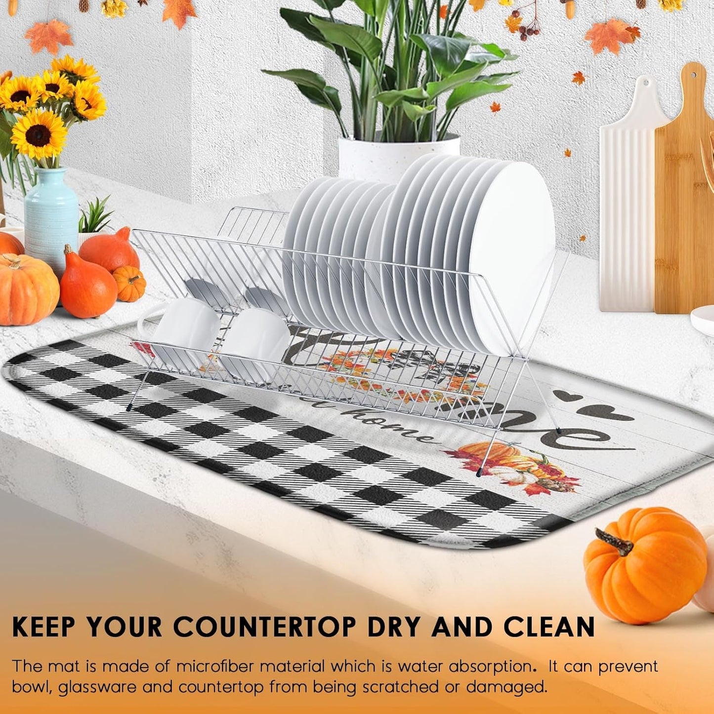 Sanwarm Absorbent Dish Drying Mat, Autumn Pumpkin Flower Microfiber Pad for Kitchen Counter, Fall Home Sweet Home for Coffee Bar Decor, Heat Resistant and Reversible, 16" x 18"