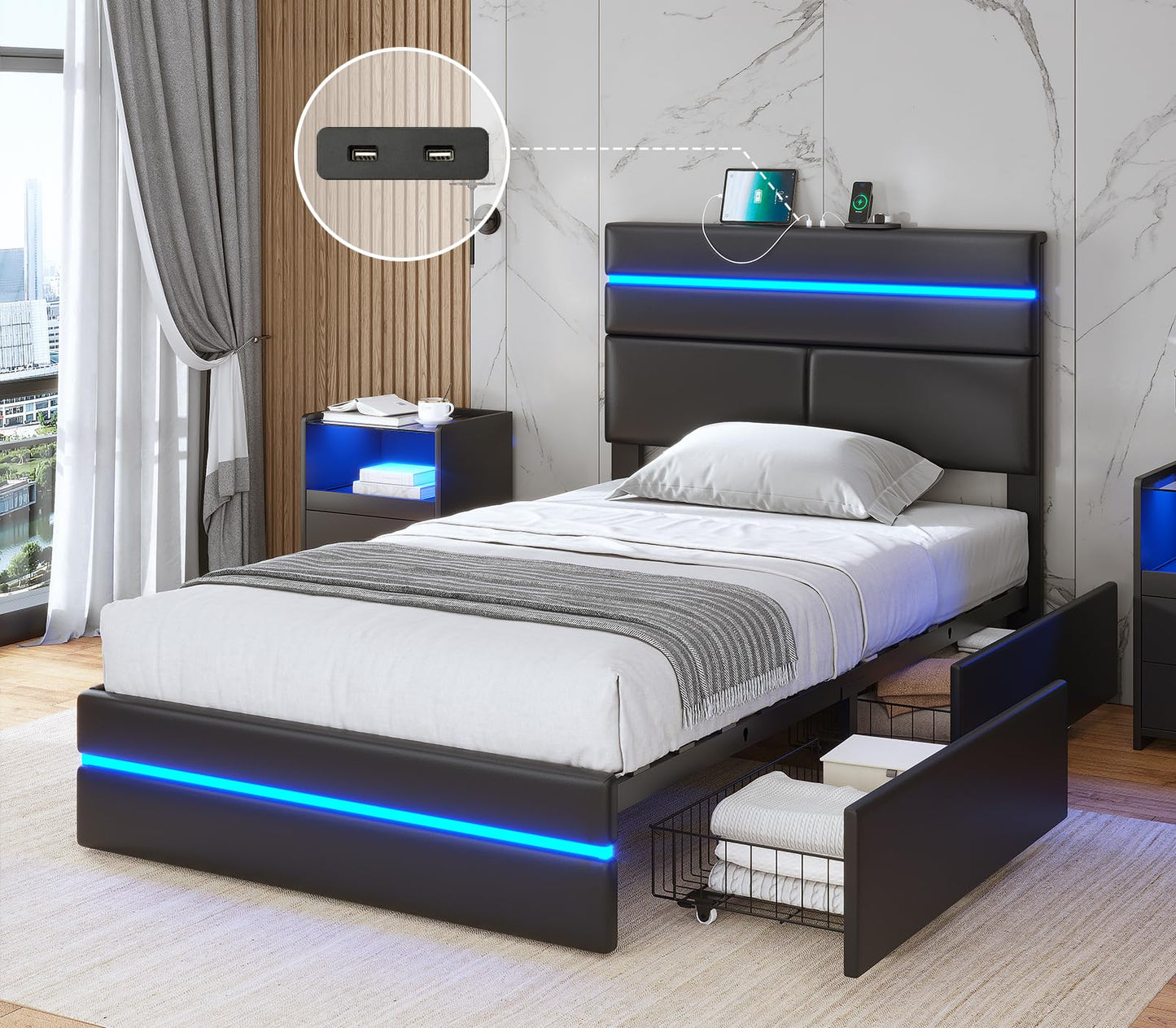 AOGLLATI Twin Bed Frames with 4 Storage Drawers & Headboard, Led Bed Frame Twin with Charging Station, Upholstered Twin Bed with Storage, No Box Spring Needed, Black