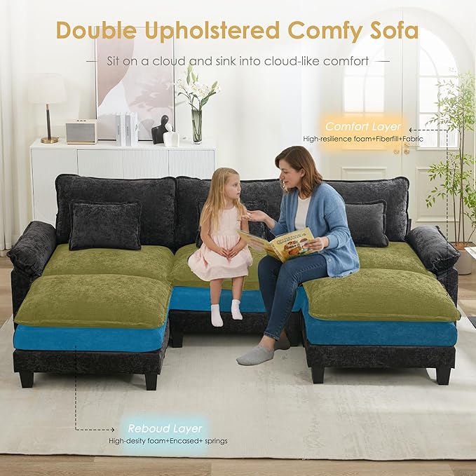 URRED Cloud Couch Modular Sectional Sofa, 122" Modern U Shaped Deep Seat Sofa with 2 Ottomans & Pillows, Ultra Comfy Chenille Couches for Living Room, Bedroom or Apartment, Black