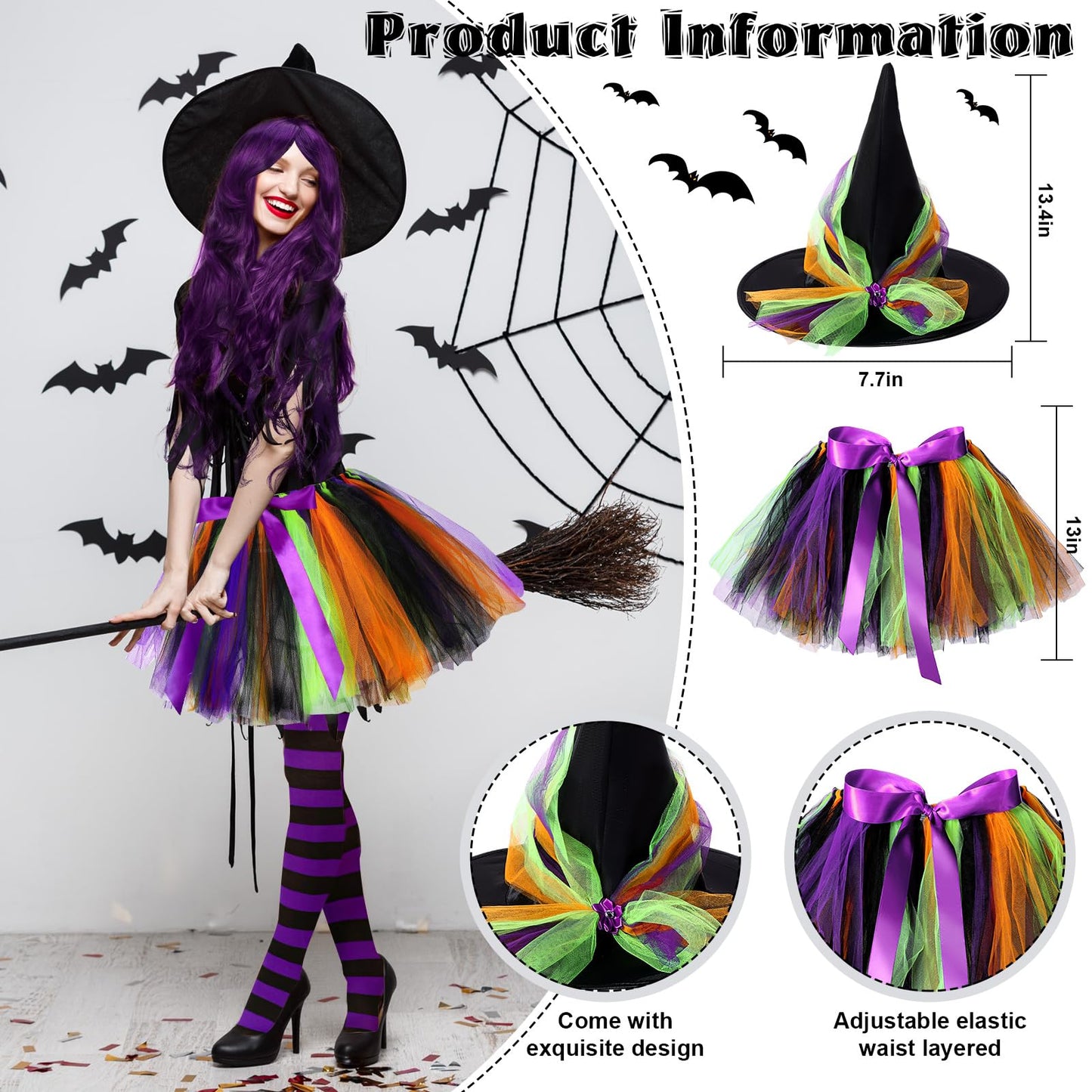 Kigeli 4 Pcs Halloween Witch Costume Set for Women Witch Tutu Outfit Skirt Hat Wig Striped Tights Cosplay (Green Purple)