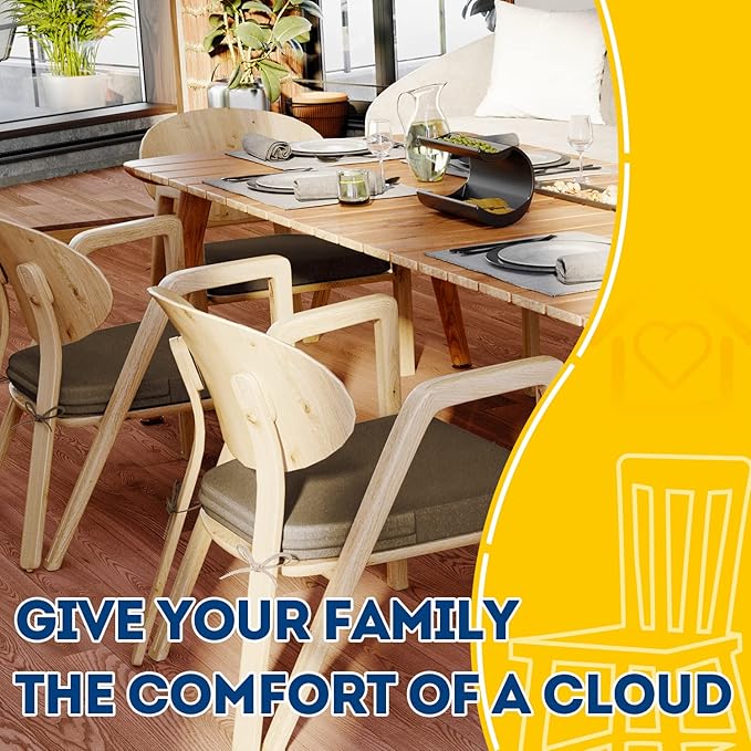 AAAAAcessories D-Shaped Chair Cushions, 2" Thick Dining Chair Pads with Ties and Removable, Machine-Washable Cover, 17" x 16", Set of 6, Taupe