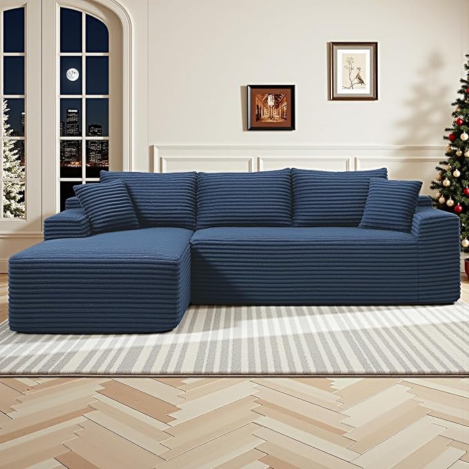 108" Cloud Sectional Couch,Modern Modular Sectional Sofa with Deep Seat,Corduroy Boneless Couches with L-Shape Chaise for Living Room,No Assembly Required (Blue, Left Facing Chaise)