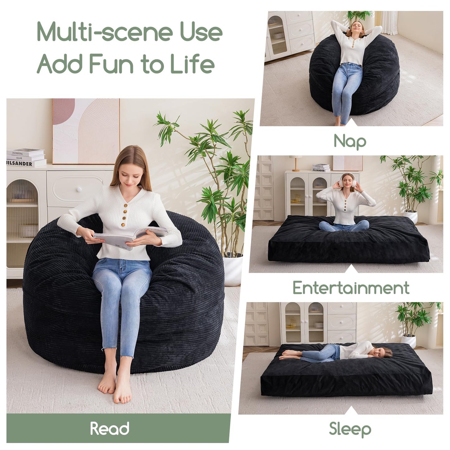 HIGOGOGO Giant Bean Bag Chair Bed for Adults,Convertible Beanbag Folds from Lazy Chair to Floor Mattress Bed,Large Floor Sofa Couch for Adult,Couples,Family,High-Density Foam Filling, Machine Washable