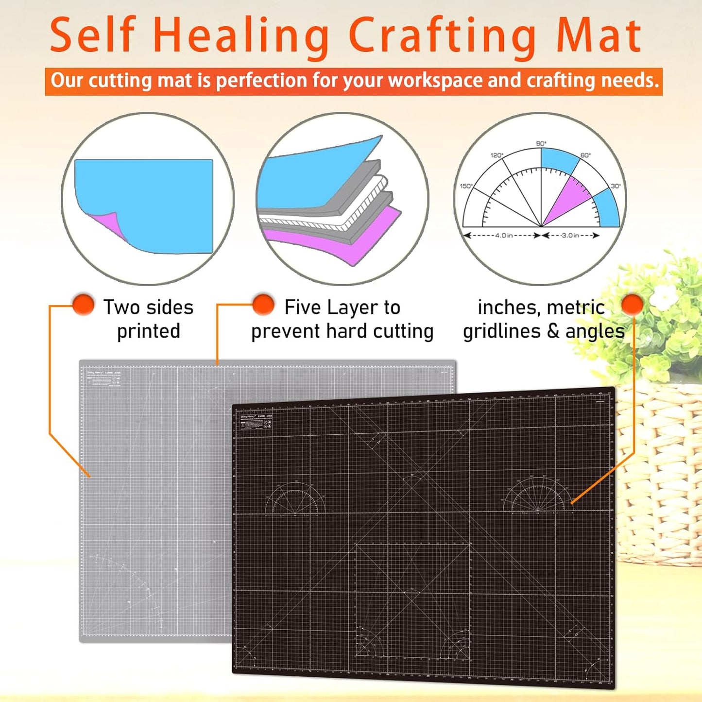 Shiny Merry Self Healing Cutting Mat A0 36"x48" – Double Sided 5-Ply Craft Mat for Sewing, Quilting, Fabric, Scrapbooking – Black/Gray