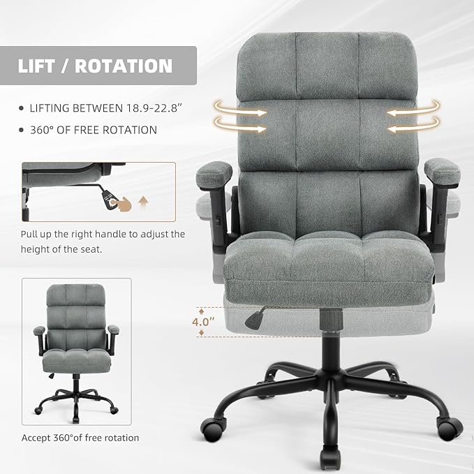 SEATZONE Home Office Executive Desk Chair with Wheels,Comfortable Ergonomic Flip-up Armrest Adjustable Swivel Computer Desk Chair,Grey