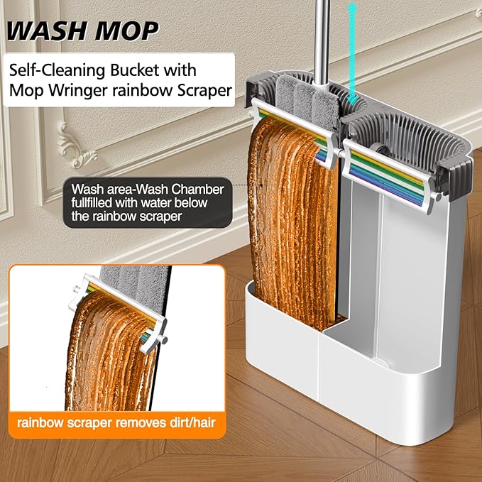 CTIME 15.74“Mop and Bucket Set with Wringer for Home : Hands-Free Flat Floor Mop Bucket Wet Dry Use Floor Cleaning System for All Floor