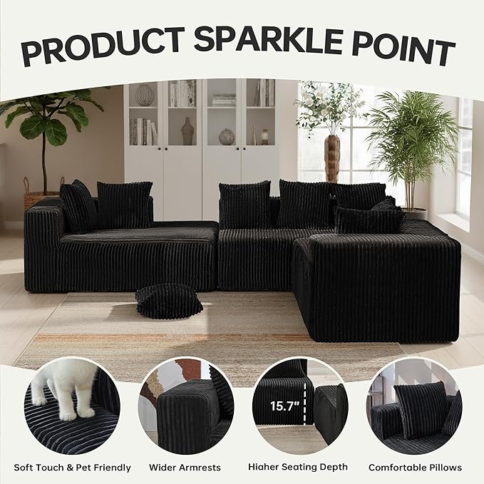 SEENYOO 130" Boneless Couch, Cloud Couch Sectional, Corduroy Sofa for Living Room, U Shaped Modular Sofa with Chaise, No Assembly, 4 Seats Oversized (Black)
