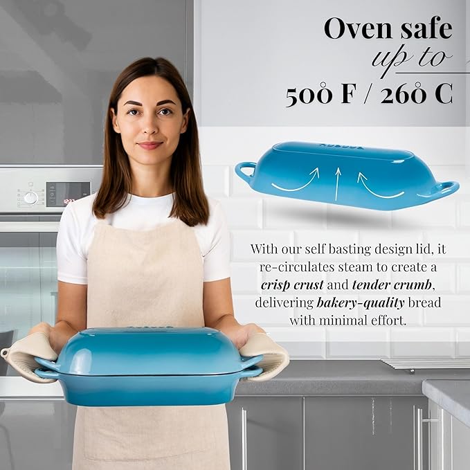 Enamelled Cast Iron Bread Loaf Pot – Dutch Oven For Sourdough Bread Baking – Oven Safe Non Stick Bread Pot – Rectangular, Light Blue, 34cm x 16cm – by Nuovva