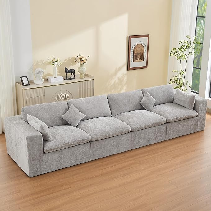 155''Cloud Boneless Sectional Couch, Modular Sectional Sofa Deep Seat, Oversized Upholstered Convertible Comfy 4 Seater Chenille Memory Foam Sofa Couches for Living Room, Light Grey