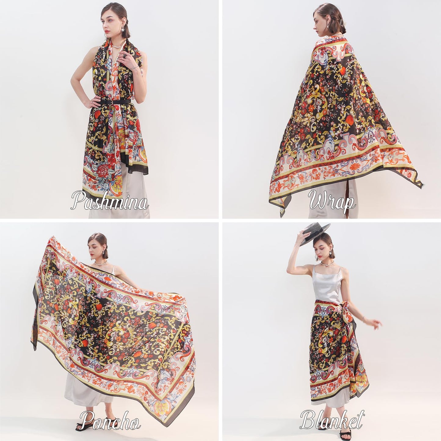 DANA XU 100% Mulberry Satin Silk Summer Travel Scarf Extra Large Women Floral Shawl Oversize Soft Wraps For Evening Dresses