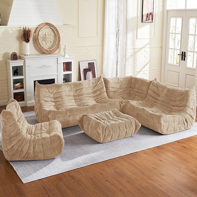 HABUTWAY Bean Bag Chair, Giant Bean Bag Chairs for Adults, Bean Bag Sofa with Filler Faux Fur, Memory Foam Bean Bag Couches Fireside Lazy Sofa for Living Room, Bedroom, Office (Khaki)