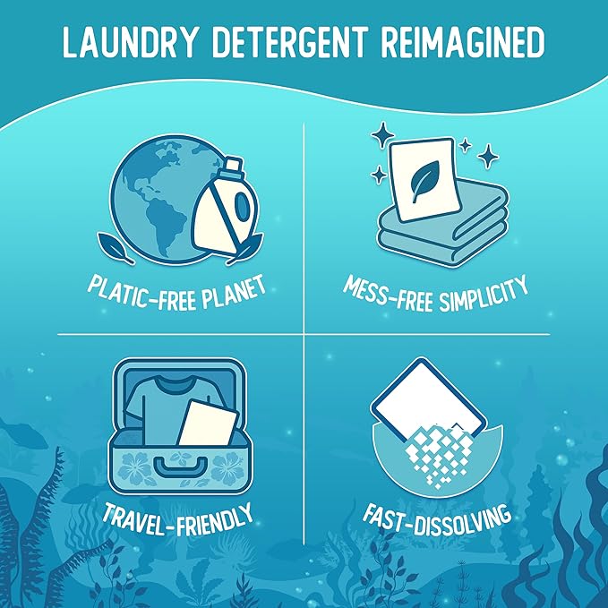 Reef Sheets Laundry Detergent Sheets, 192 loads, Hypoallergenic & Plastic-Free Eco-Friendly Packaging, Gentle on Skin, Tough on Stains, Travel-Friendly, Fragrance Free, 32ct (3 Pack)