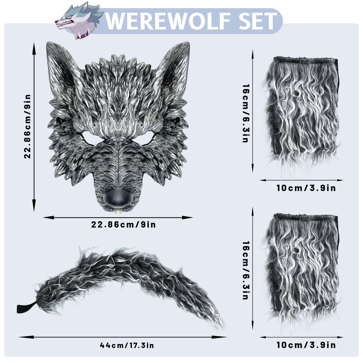 Exlinonline Wolf Costume Headwear (WW-099) for Halloween Party - Includes Wolf Ears, Tails, Gloves and Mask - Perfect for Women, Men, Kids, Boys and Girls - One Size Fits Most
