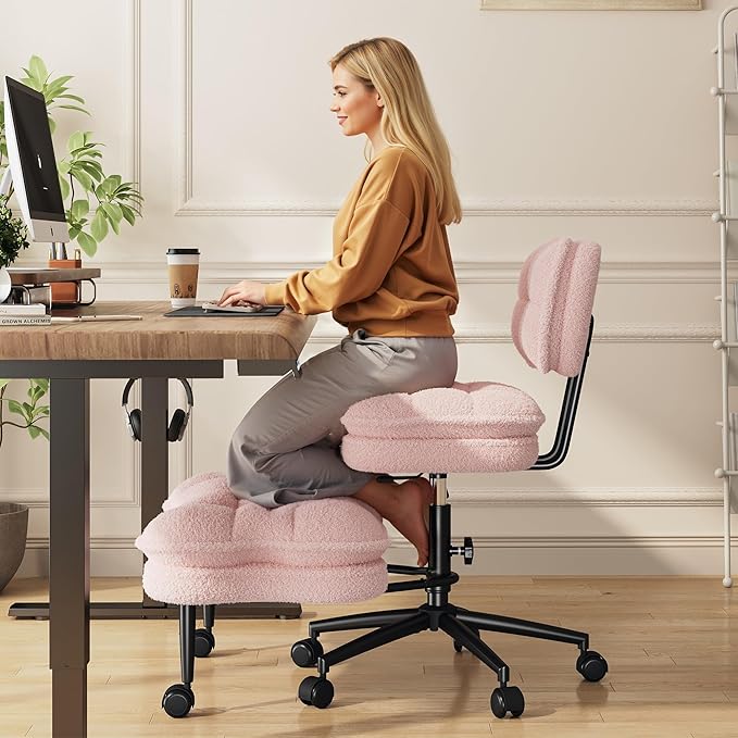 Ergonomic Cross Legged Office Chair, 360° Swivel Meditation Kneeling Chair with Wheels, ADHD Chair with Height Adjustable Seat for ADHD,Relaxation, Home Office,Pink