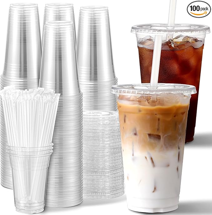 AOZITA [100 Sets] 16 oz Clear Plastic Cups With Lids and Straws, Disposable Cups With Lids for Iced Coffee, Smoothie, Milk...