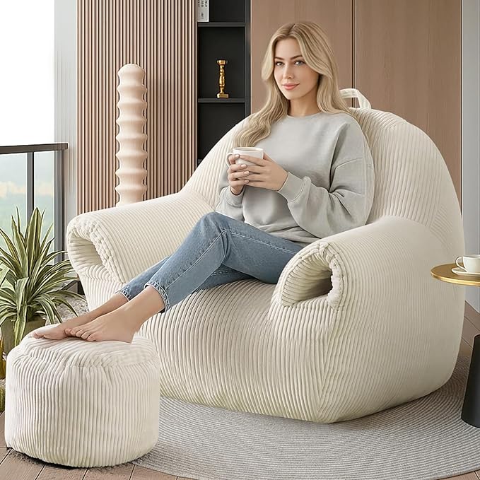 Peace nest Bean Bag Chair with Memory Foam Filled Ultra Soft Corduroy Cover for Adults Comfy Fur Bean Bag Chairs with Armrests Ottoman for Bedroom Living Room Office Dorm Reading Beige