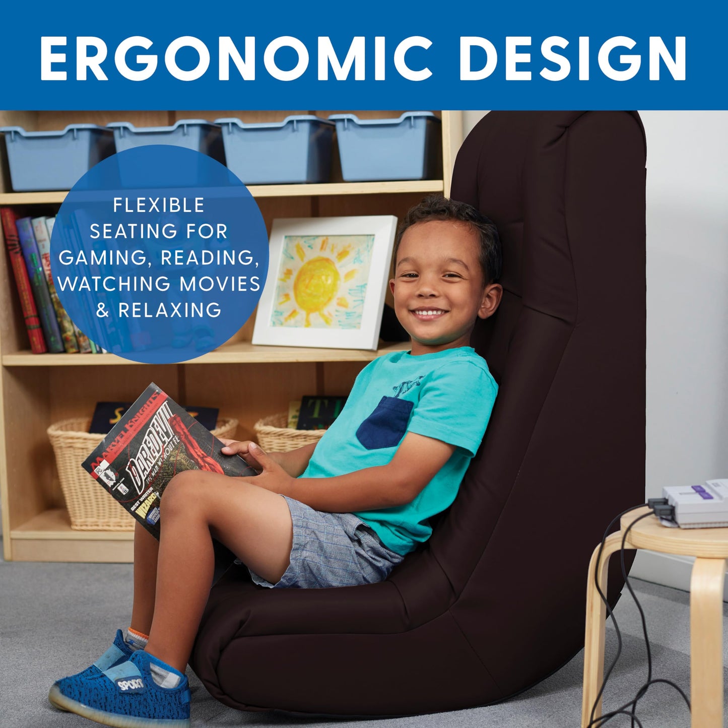 Factory Direct Partners Soft Tufted Floor Rocker - Cushioned Ground Chair for Kids Teens and Adults - Great for Reading, Gaming, Meditating, TV - Black, 10488-BK