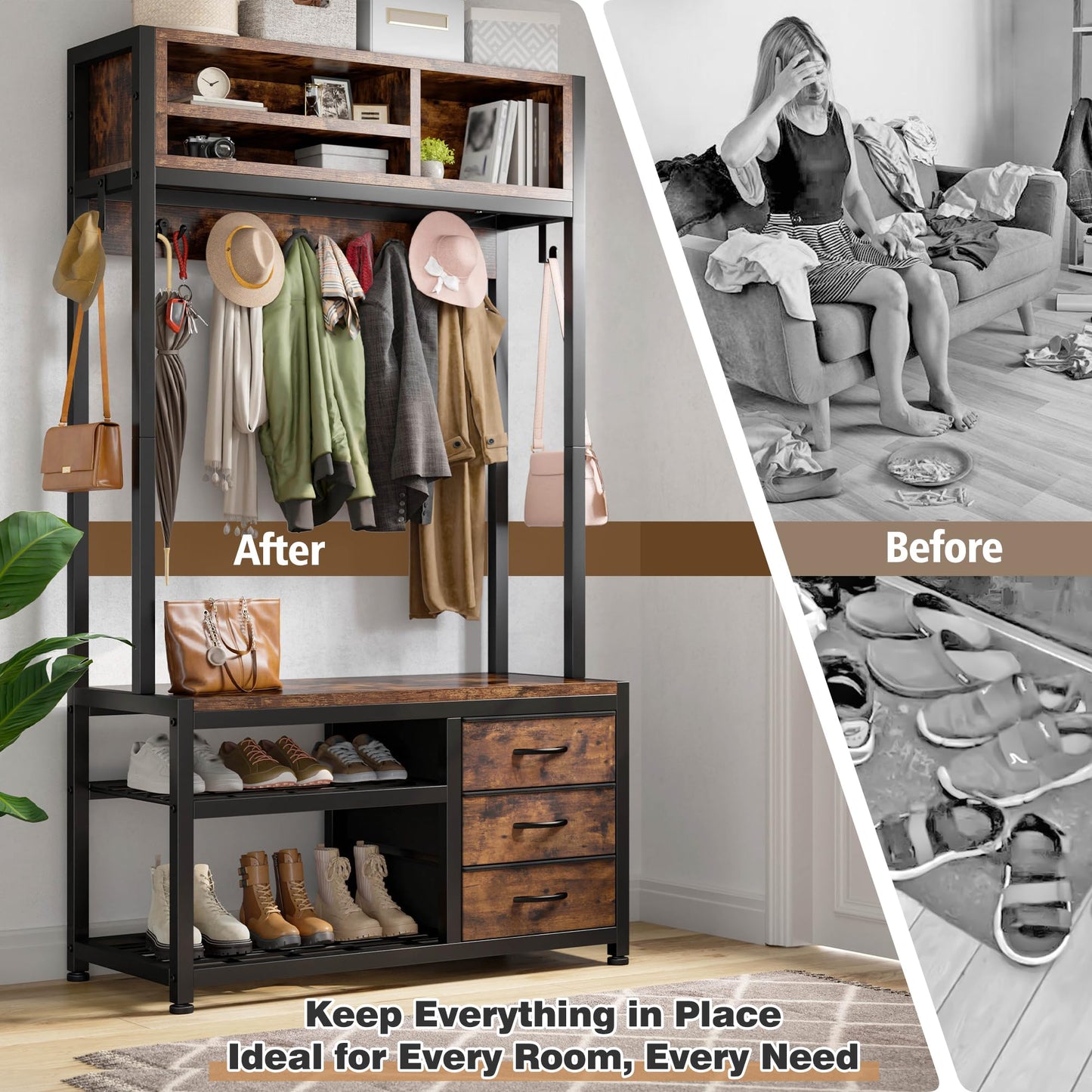 Raybee Hall Tree with Bench and Shoe Storage, Coat Rack Freestanding with 3 Fabric Drawers, Entryway Bench with Shoe Storage, Hall Tree with 12 Hooks for Hallway
