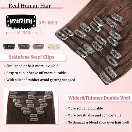 Clip in Hair Extensions Real Human Hair Clip in Extensions for Women Seamless Invisible Chocolate Brown Natural Remy 100% Human Clips ins Extension 8pcs Double Weft 20 inch 3.7oz/105g