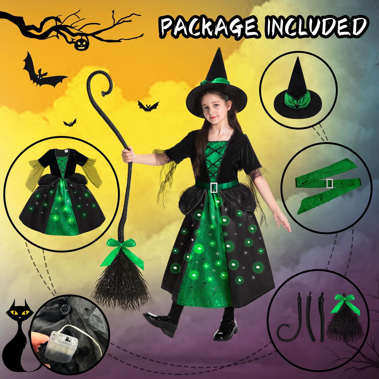 Poshetion Witch Halloween Costumes for Girls, Toddler Light Up Witch Dress with Witch Broom and Hat, Kids Witch Costume Glow in the Dark for Wicked Halloween Dress-Up Party (Green-T)